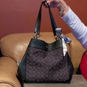 Coach Black Signature Canvas & Leather Shoulder Bag with Scarf Accent